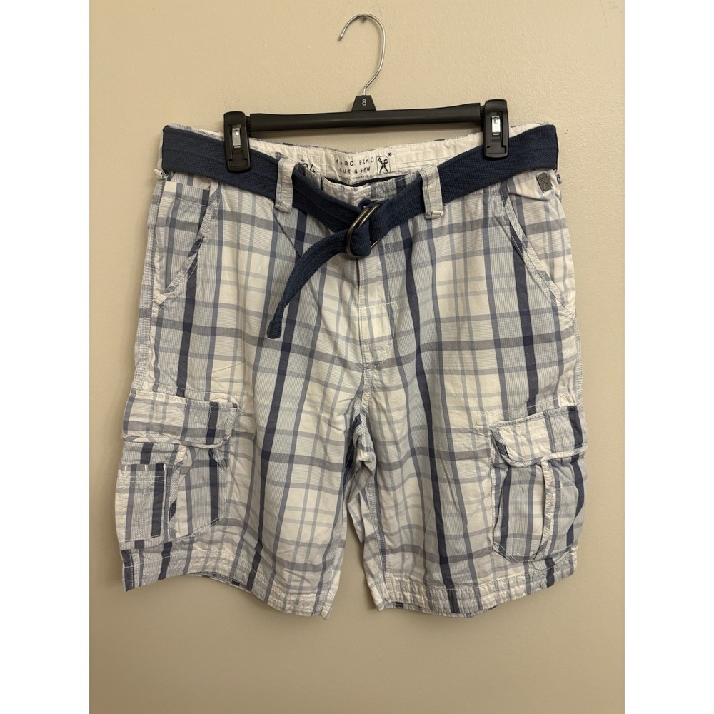Marc Ecko Cut & Sew Men's Plaid Y2K Cargo Shorts Size 34 Baggy Blue Belted